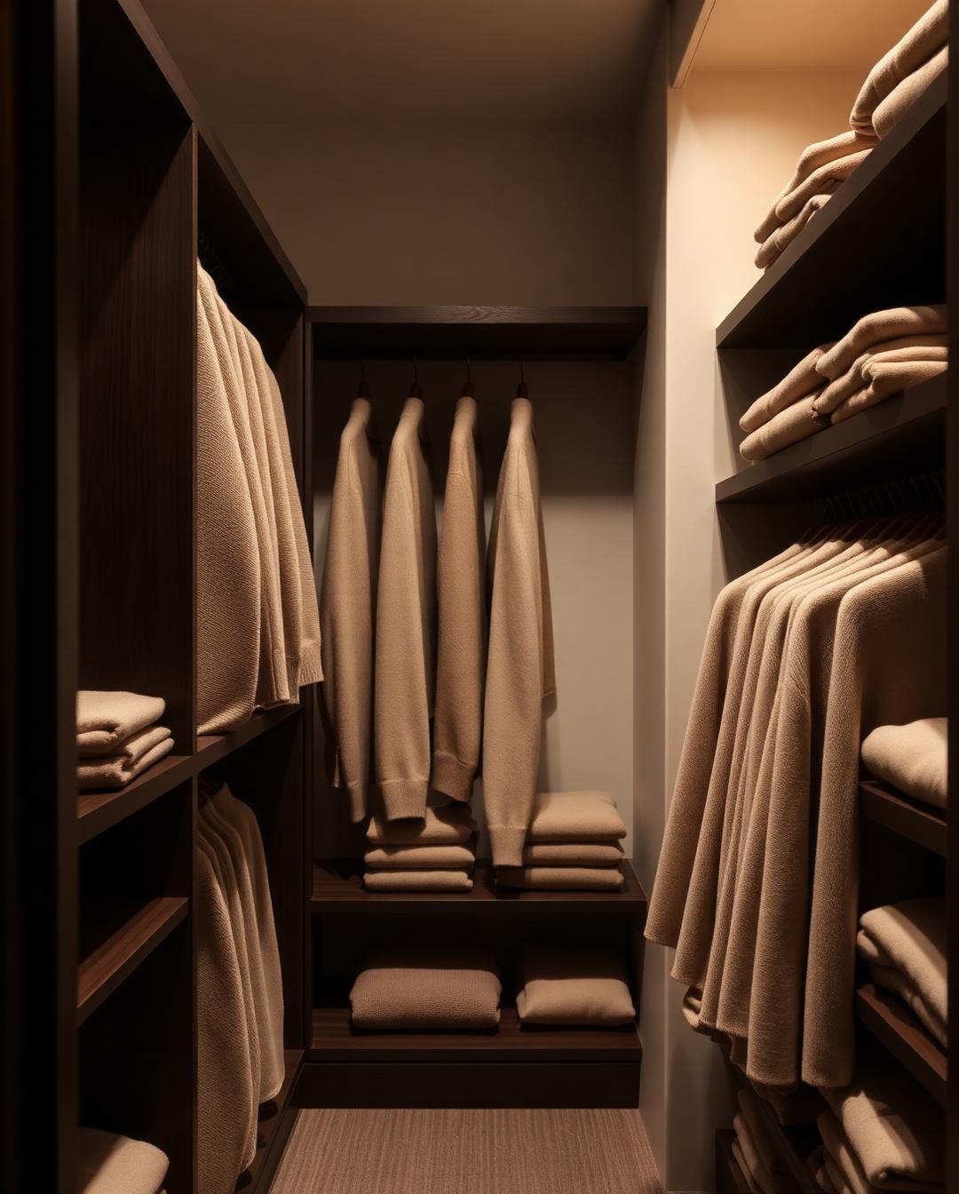 A minimalist walk-in closet with folded cashmere in warm neutral tones