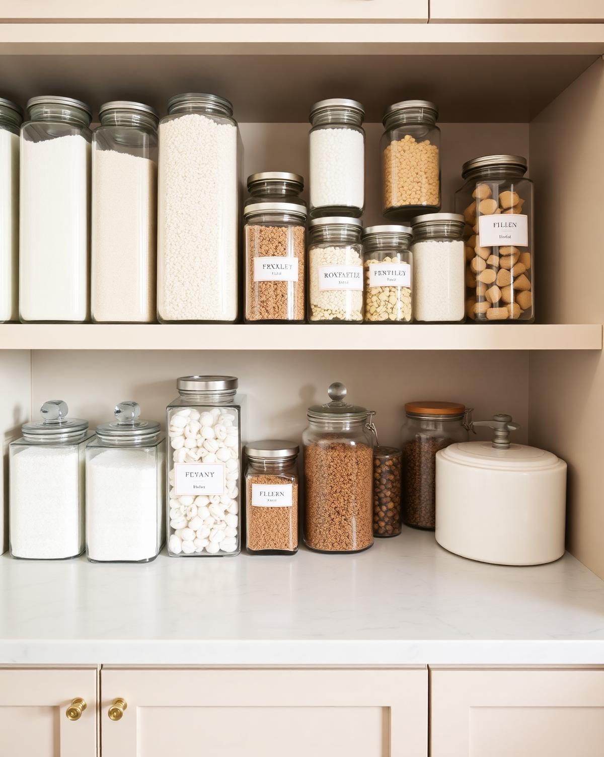 A perfectly organized butler's pantry with uniform glass jars